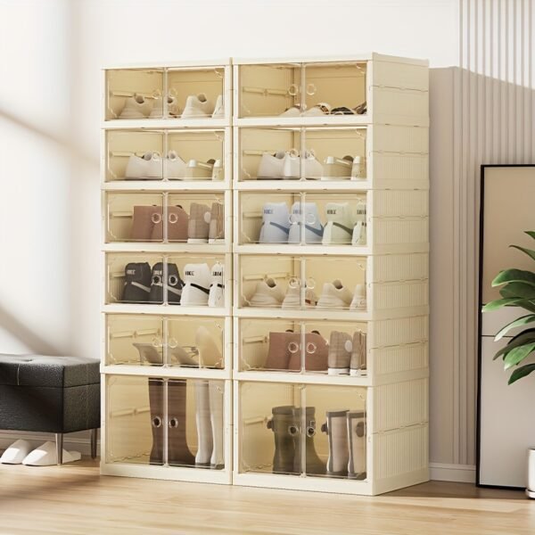 Foldable Shoe Rack - Transparent, Stackable Plastic Storage Boxes with Doors for Closets, Easy to Assemble - Image 2