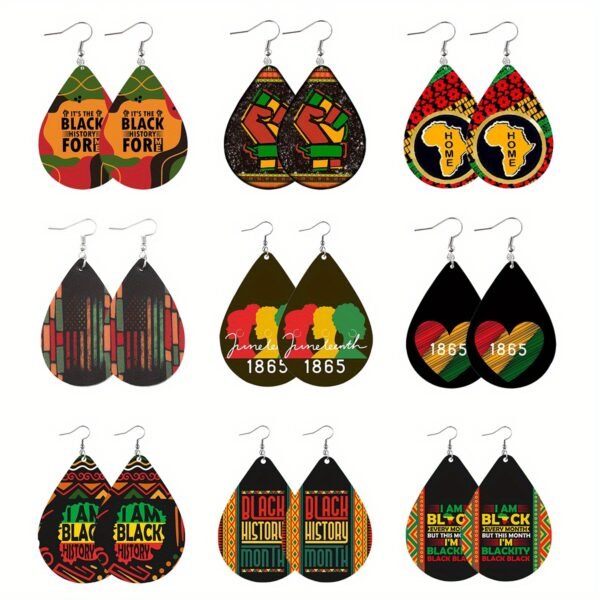 9 Pairs, Juneteenth Earrings Set, Black Red Yellow Green Flag Colors, African Map & 1865 Heart Design, Double-Sided Vintage PU Leather Ear Accessories, Ladies Fashion Celebrating Black History Month, Party Gift