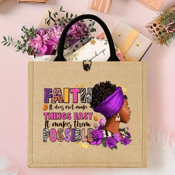 1pc Fashionable Jute Tote Bag with Fixed Shoulder Straps, Lightweight, Durable, and Easy-Care Fabric, Ideal for Daily Commute, Picnic, Party, Travel, and Shopping, with Secure Buckle Closure and Inspirational Bible Quote Design - Image 3