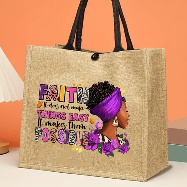1pc Fashionable Jute Tote Bag with Fixed Shoulder Straps, Lightweight, Durable, and Easy-Care Fabric, Ideal for Daily Commute, Picnic, Party, Travel, and Shopping, with Secure Buckle Closure and Inspirational Bible Quote Design