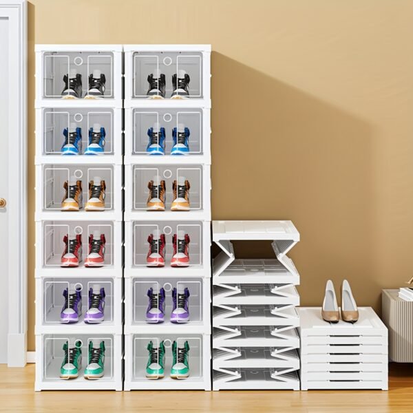 1pc Stackable Folding Shoe Box - Space Saving, Dust Proof, 2/3/6/9-Tier Storage Organizer with Door for Entryway, Bedroom, Home, Dorm - Compact, Versatile, Easy Assembly, Multi-Functional Design