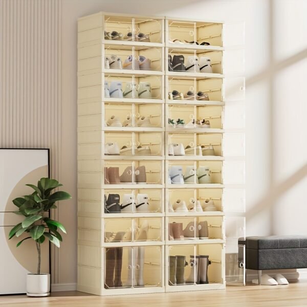 Foldable Shoe Rack - Transparent, Stackable Plastic Storage Boxes with Doors for Closets, Easy to Assemble