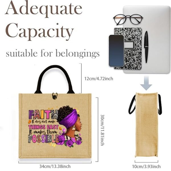 1pc Fashionable Jute Tote Bag with Fixed Shoulder Straps, Lightweight, Durable, and Easy-Care Fabric, Ideal for Daily Commute, Picnic, Party, Travel, and Shopping, with Secure Buckle Closure and Inspirational Bible Quote Design - Image 4