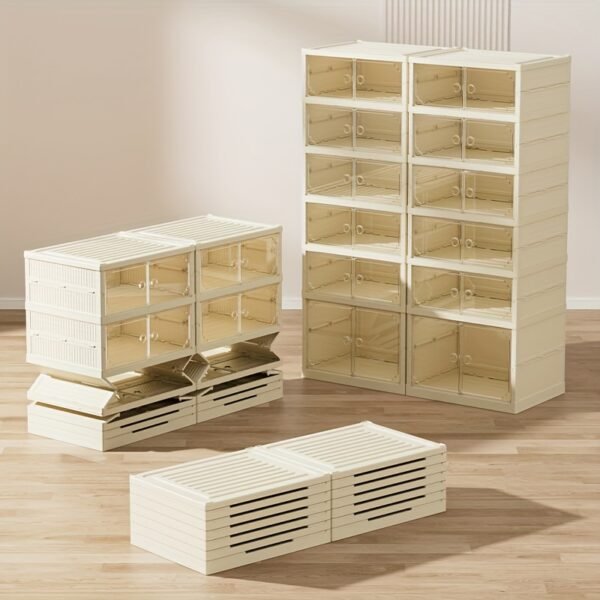 Foldable Shoe Rack - Transparent, Stackable Plastic Storage Boxes with Doors for Closets, Easy to Assemble - Image 5