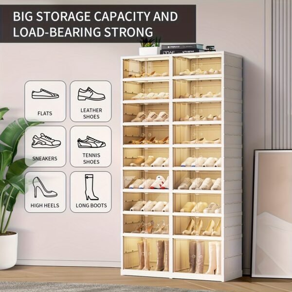 1pc 6/9-Tier Foldable Shoe Rack For Closet, Plastic Shoe Shelf, Collapsible Shoes Storage Box, Stackable Clear Shoe Box With Door, Easy Assembly Shoe Cabinet, Living Room Entrance Bedroom Dorm Accessories, Storage And Organization - Image 2