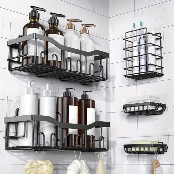 5 Pack Rustproof Stainless Steel Adhesive Shower Caddy, Large Capacity No Drilling Shelves for Bathroom Storage & Home Decor - Image 2