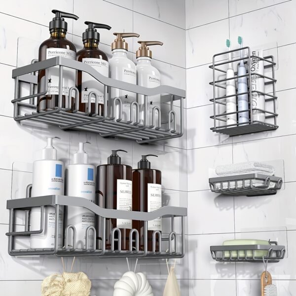 5 Pack Rustproof Stainless Steel Adhesive Shower Caddy, Large Capacity No Drilling Shelves for Bathroom Storage & Home Decor - Image 3
