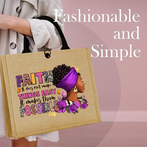1pc Fashionable Jute Tote Bag with Fixed Shoulder Straps, Lightweight, Durable, and Easy-Care Fabric, Ideal for Daily Commute, Picnic, Party, Travel, and Shopping, with Secure Buckle Closure and Inspirational Bible Quote Design - Image 7