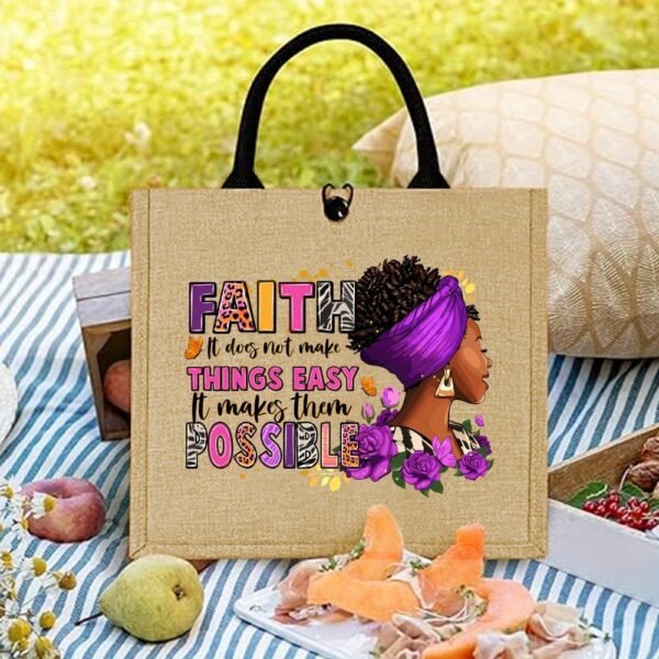1pc Fashionable Jute Tote Bag with Fixed Shoulder Straps, Lightweight, Durable, and Easy-Care Fabric, Ideal for Daily Commute, Picnic, Party, Travel, and Shopping, with Secure Buckle Closure and Inspirational Bible Quote Design - Image 2
