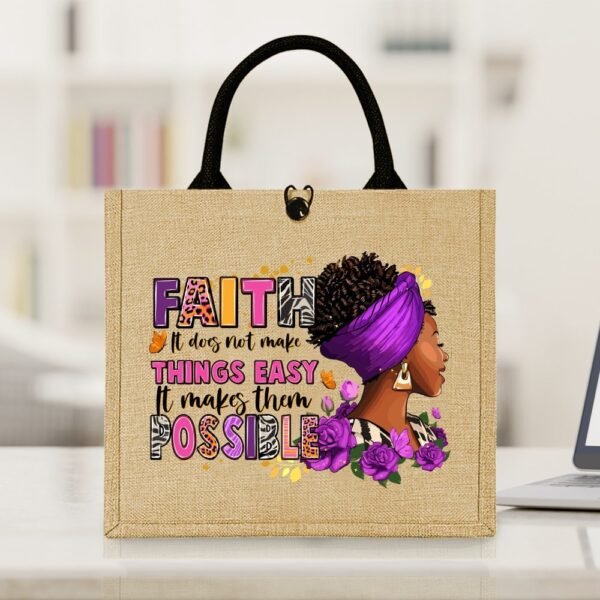 1pc Fashionable Jute Tote Bag with Fixed Shoulder Straps, Lightweight, Durable, and Easy-Care Fabric, Ideal for Daily Commute, Picnic, Party, Travel, and Shopping, with Secure Buckle Closure and Inspirational Bible Quote Design - Image 6