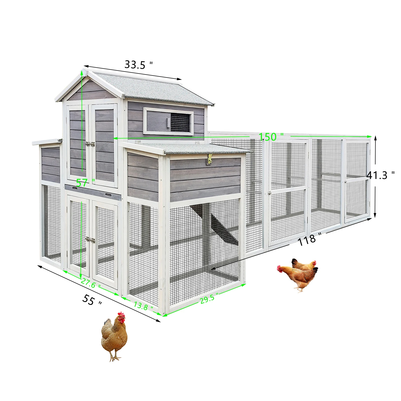 150" Extra Large Chicken Coop- Outdoor Wooden Hen House with Black Rust-Proof Metal Wire, 2 Nesting Boxes, 5 Perches for Poultry - Image 2