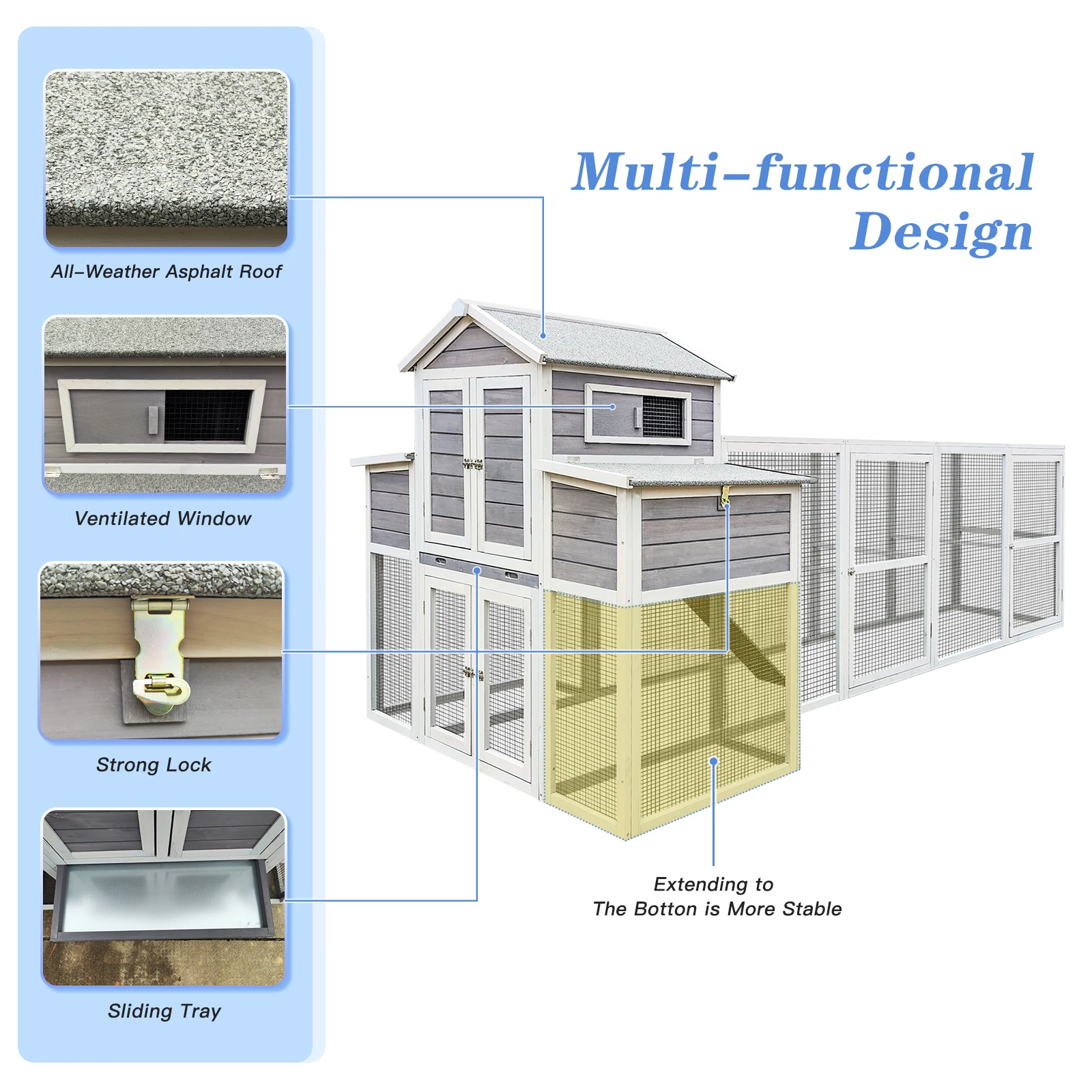150" Extra Large Chicken Coop- Outdoor Wooden Hen House with Black Rust-Proof Metal Wire, 2 Nesting Boxes, 5 Perches for Poultry - Image 3